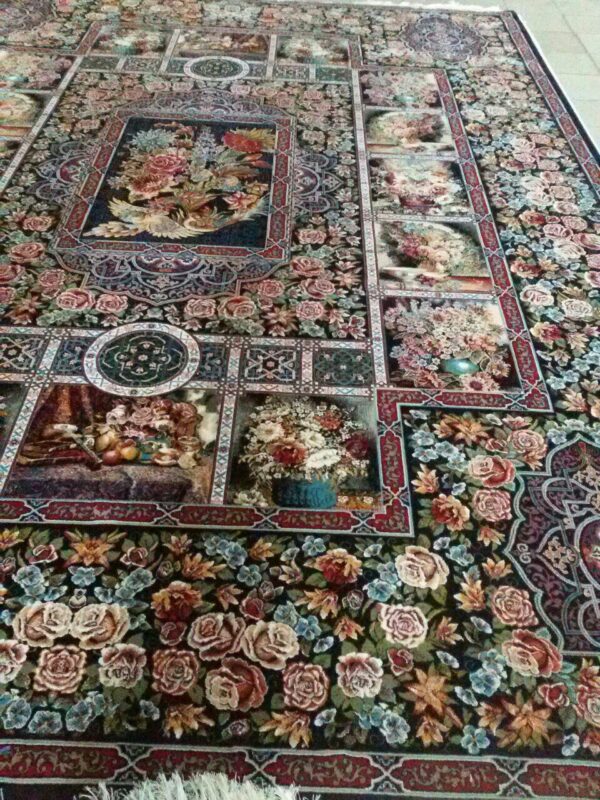 فرش ماشینی 700 شانه تراکم 2550 طرح باغ ارم زمینه سرمه ای