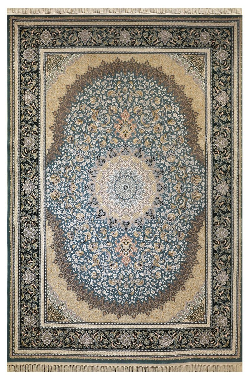 فرش ماشینی ارغوان کد 11605 زمینه آبی گل برجسته