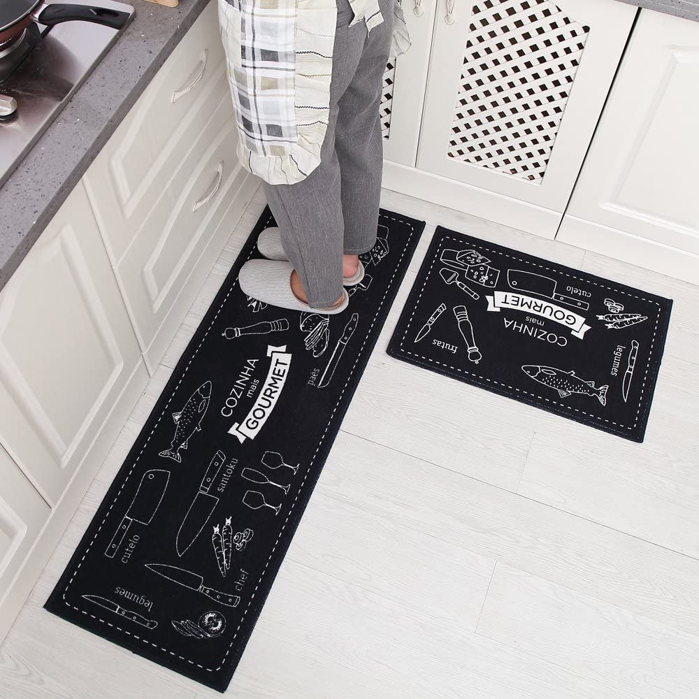 فرش ماشینی طرح آشپزخانه مجموعه 2 سایز کد K0014 زمینه مشکی