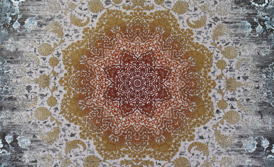 فرش ماشینی 1200 شانه وینتیج طرح اصفهان رنگ نقره ای ( گل برجسته )